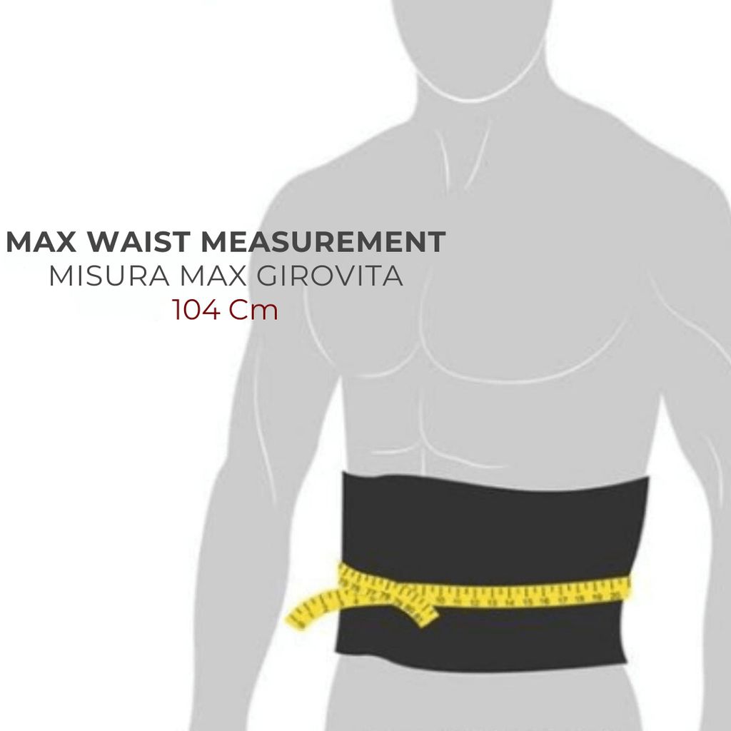 Cintura addominale nera attorno a un uomo, con metro a nastro. Misura vita max: 104 cm.