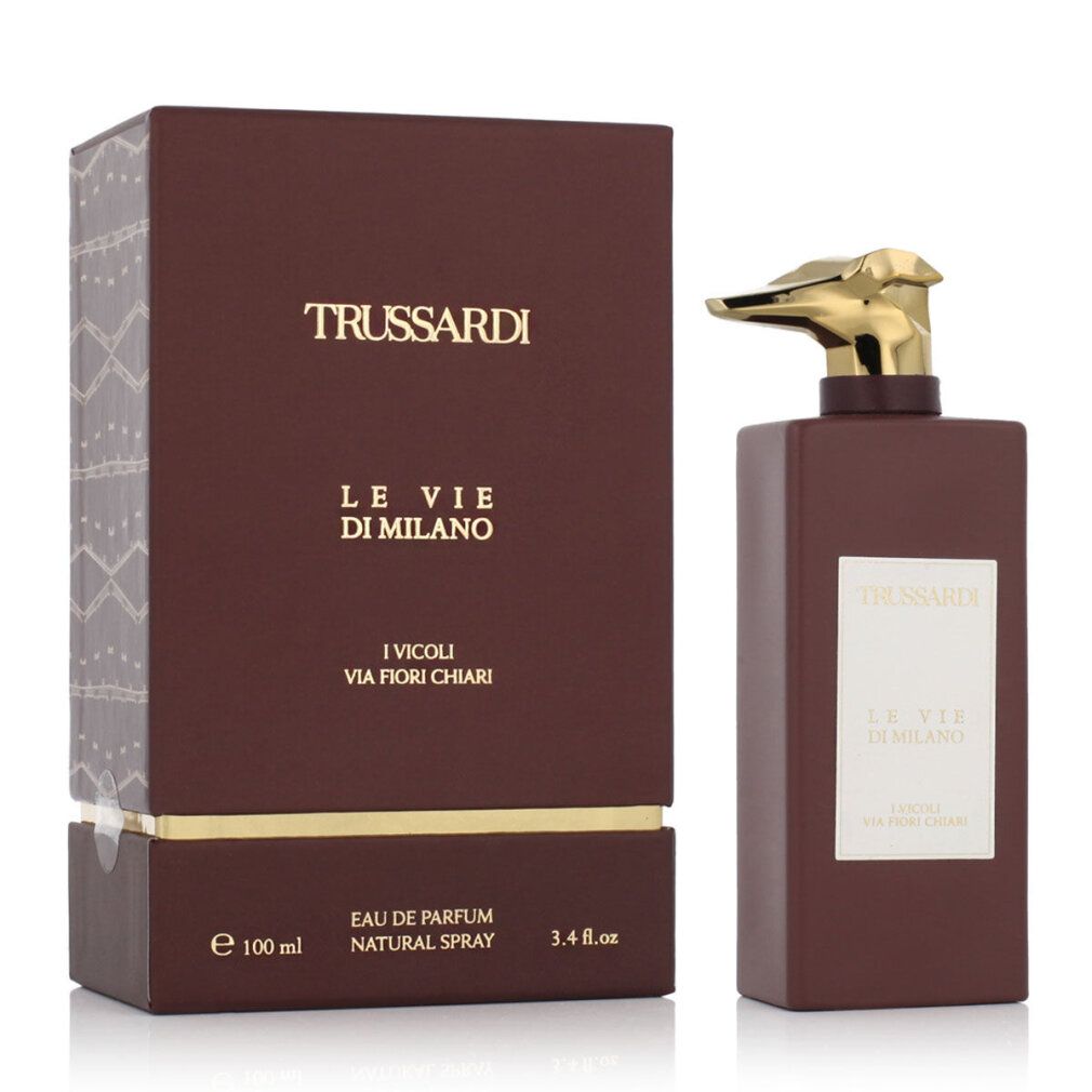 Flacone e scatola Trussardi Le Vie Di Milano Eau de Parfum. Bottiglia marrone con spruzzatore dorato ed etichetta bianca.