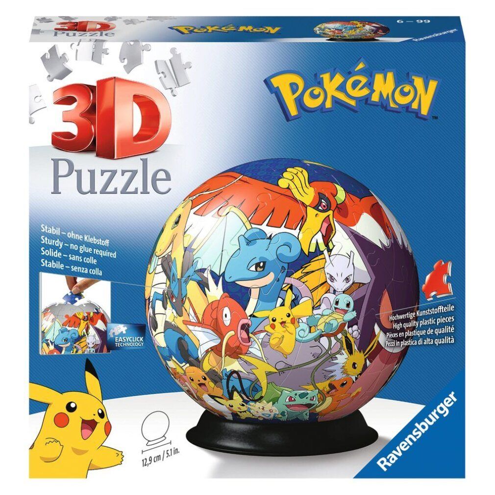 Puzzle 3D-Ball Pokémon, forma sferica, personaggi Pokémon. Confezione con nome e logo del prodotto. Diametro 12,9 cm.