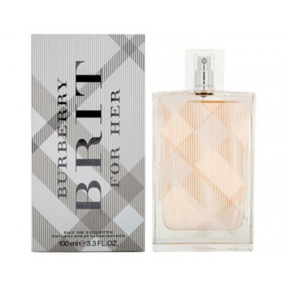 Flacone e confezione di Burberry Brit for Her Eau de Toilette. Flacone quadrato con vaporizzatore. Confezione con motivo a quadri e scritta.