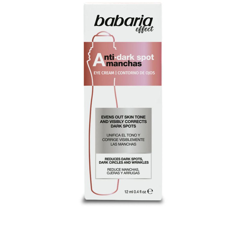Babaria Crema contorno occhi anti-macchie scure. Confezione con informazioni prodotto e contorno applicatore.