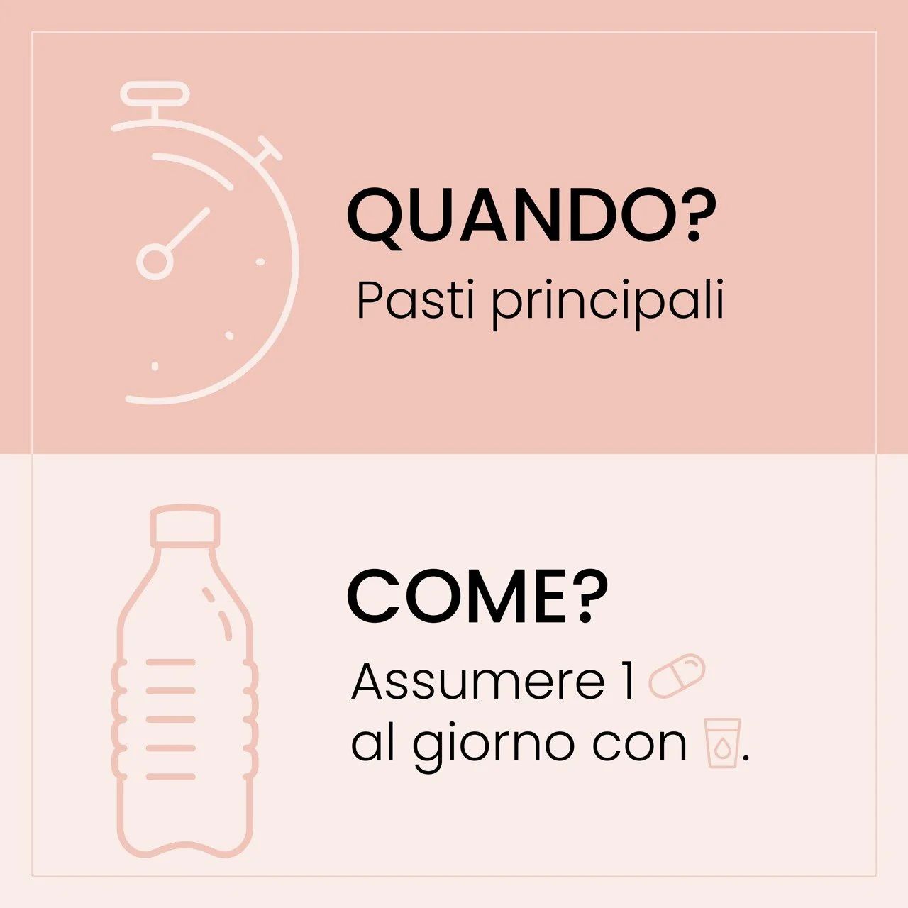 Infografica con domande e risposte. Quando? Pasti principali. Come? 1 capsula al giorno con acqua.