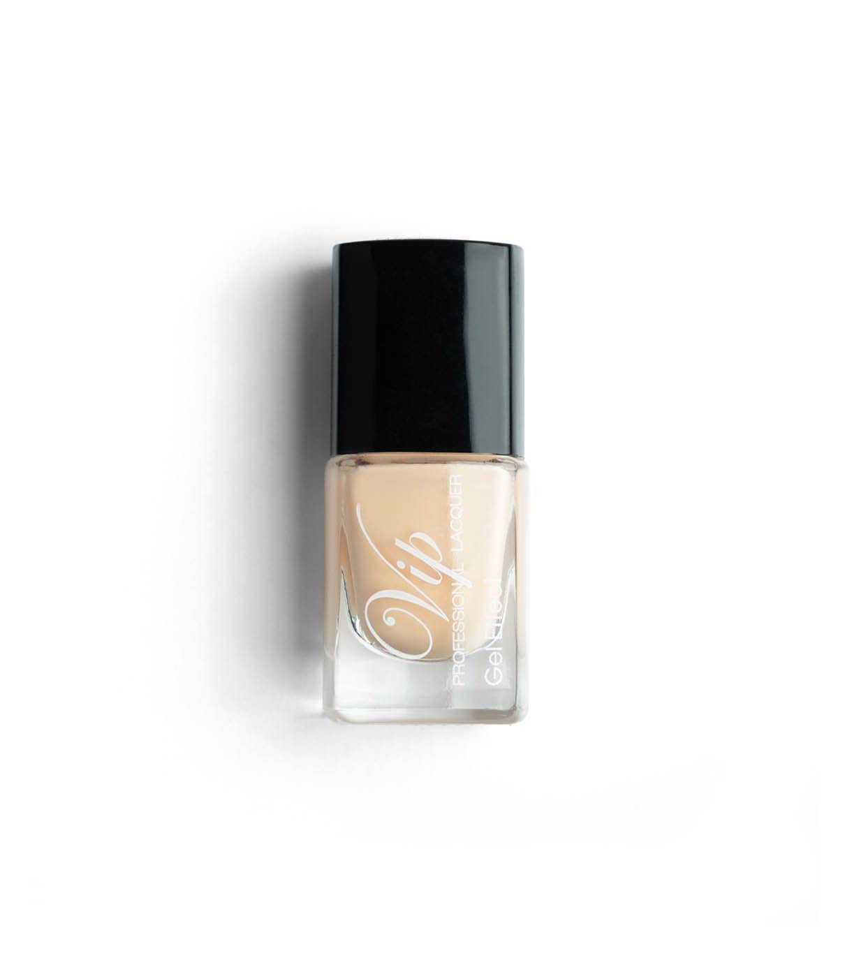 Flacone di smalto beige con tappo nero. Etichetta: Vip Professional Lacquer Gel Effect.