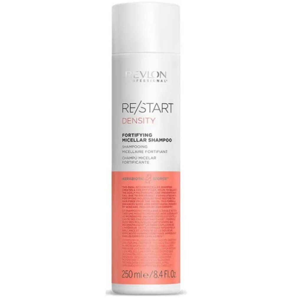 Flacone di shampoo bianco e rosa. Scritte: Revlon Professional, Re/Start Density, Fortifying Micellar Shampoo. 250 ml.