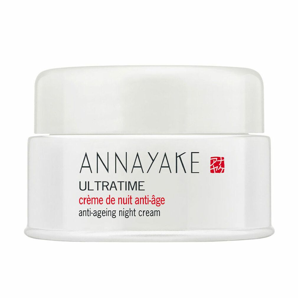 Vasetto bianco con coperchio. Scritta: ANNAYAKE, ULTRATIME, crème de nuit anti-âge, anti-ageing night cream.