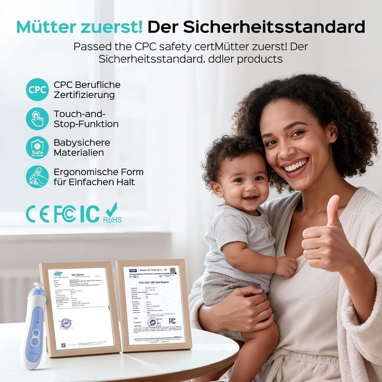 Lima per unghie elettrica, blu e bianca. Certificazioni: CPC, CE, FC, RoHS. Donna con bambino, pollice in su. Due certificati.