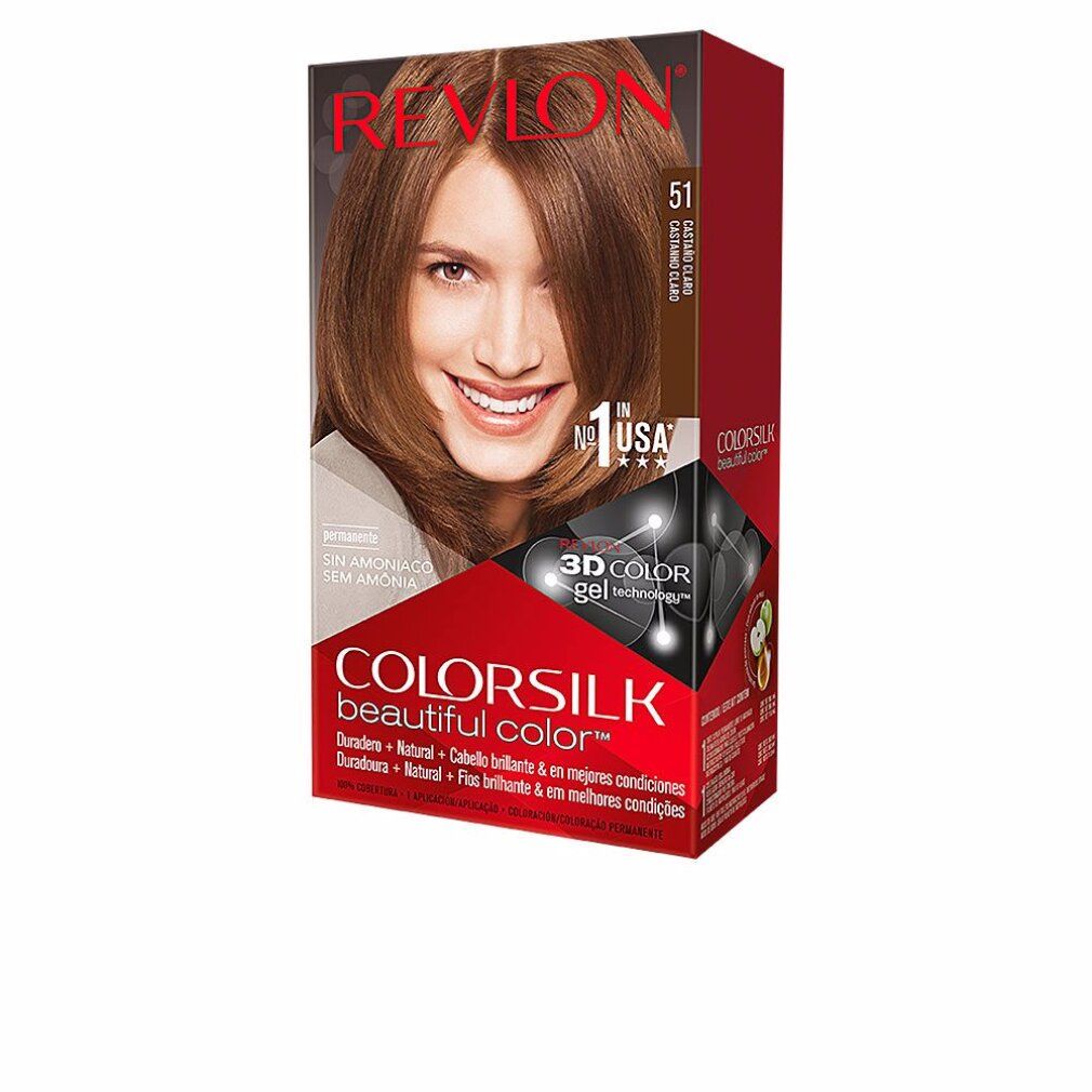 Confezione Revlon Colorsilk. Scritto: 51 Castaño Claro, senza ammoniaca. Immagine di donna con capelli castani. Confezione prodotto.