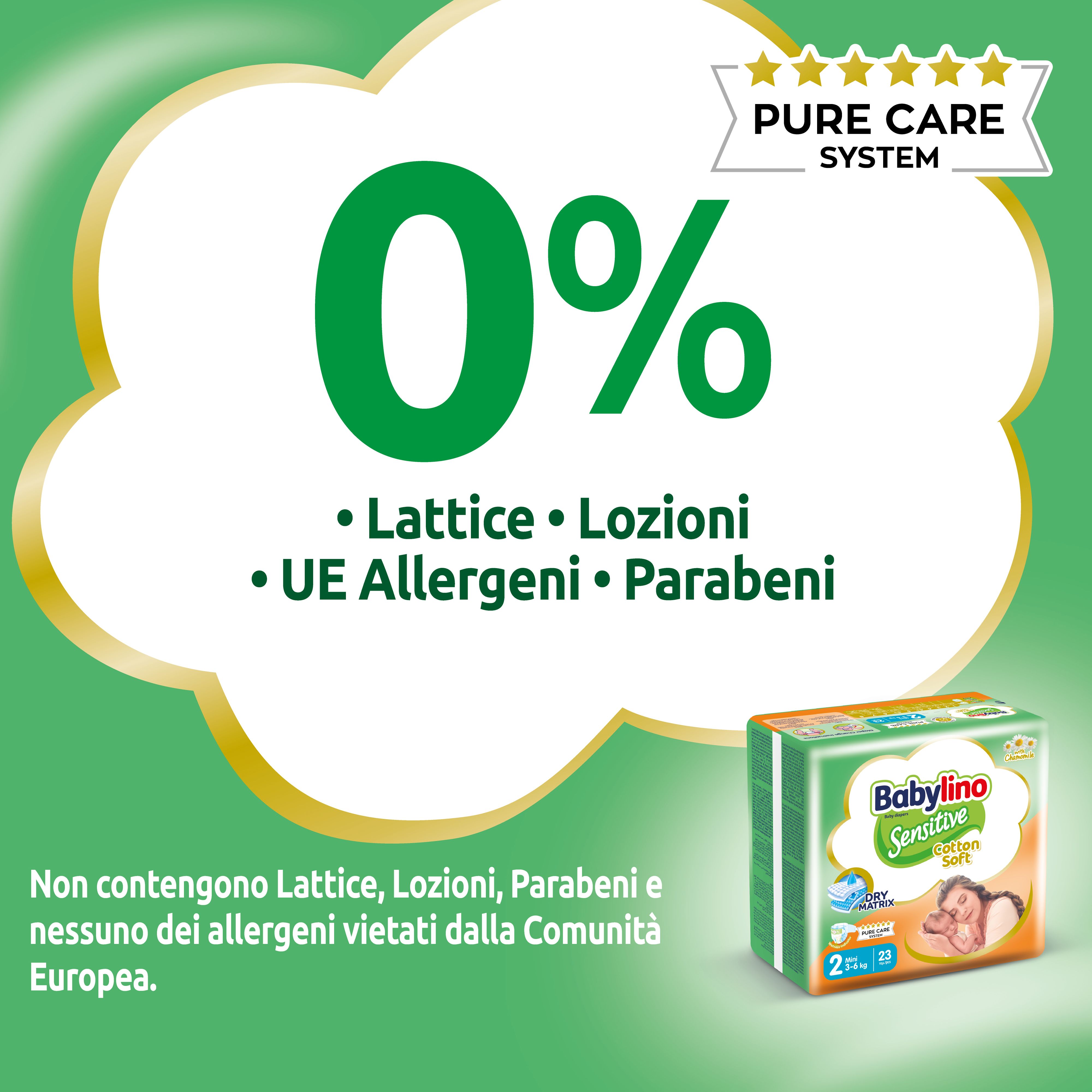 Confezione pannolini Babylino. Testo: 0% Latte, Lozioni, Allergeni UE, Parabeni. Piccola immagine della confezione.