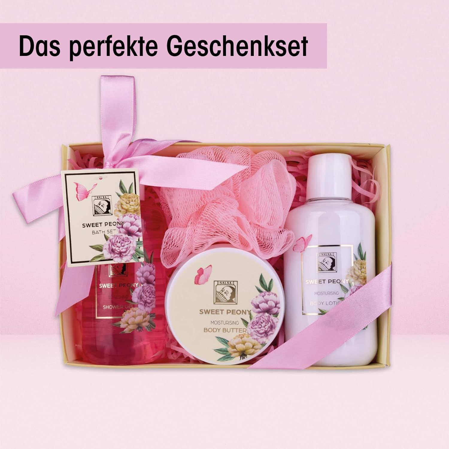 Set regalo con gel doccia, lozione per il corpo, burro corpo e spugna da bagno. Prodotti in confezione regalo con fiocco. Stampa: Sweet Peony.