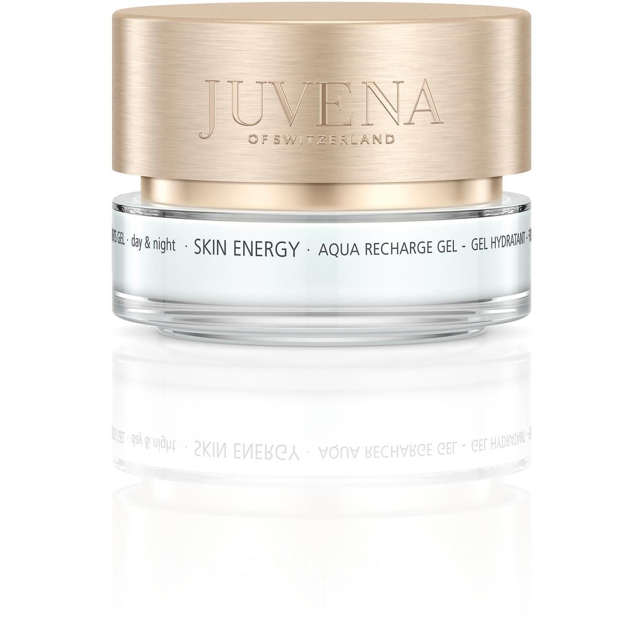 Vasetto di crema con coperchio dorato. Scritta: Juvena of Switzerland. Nome prodotto: Aqua Recharge Gel.