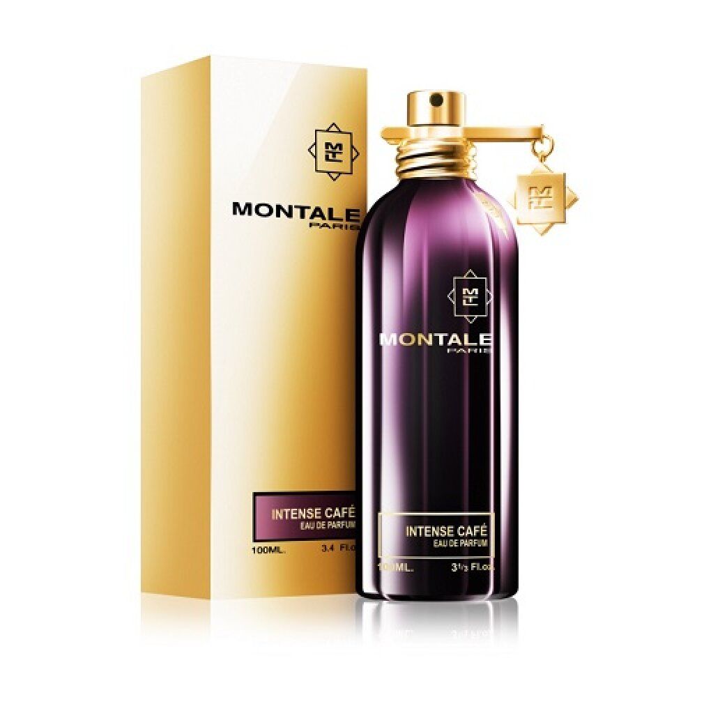 Flacone di profumo viola scuro, tappo dorato e scatola dorata. Scritta: Intense Cafe Eau de Parfum.