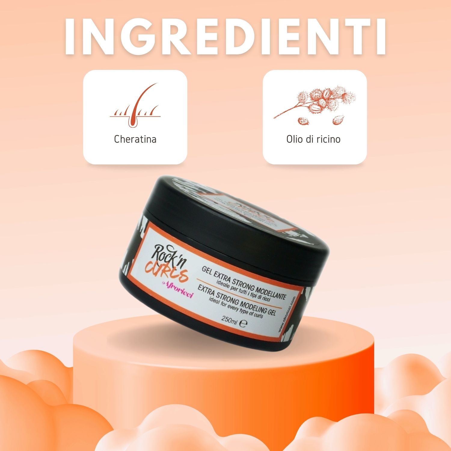 Prodotto su piedistallo. Scritta: Rock'n Curls, Gel Extra Strong Modellante, ideale per tutti i tipi di ricci. 250ml. Con immagini di cheratina e olio di ricino.