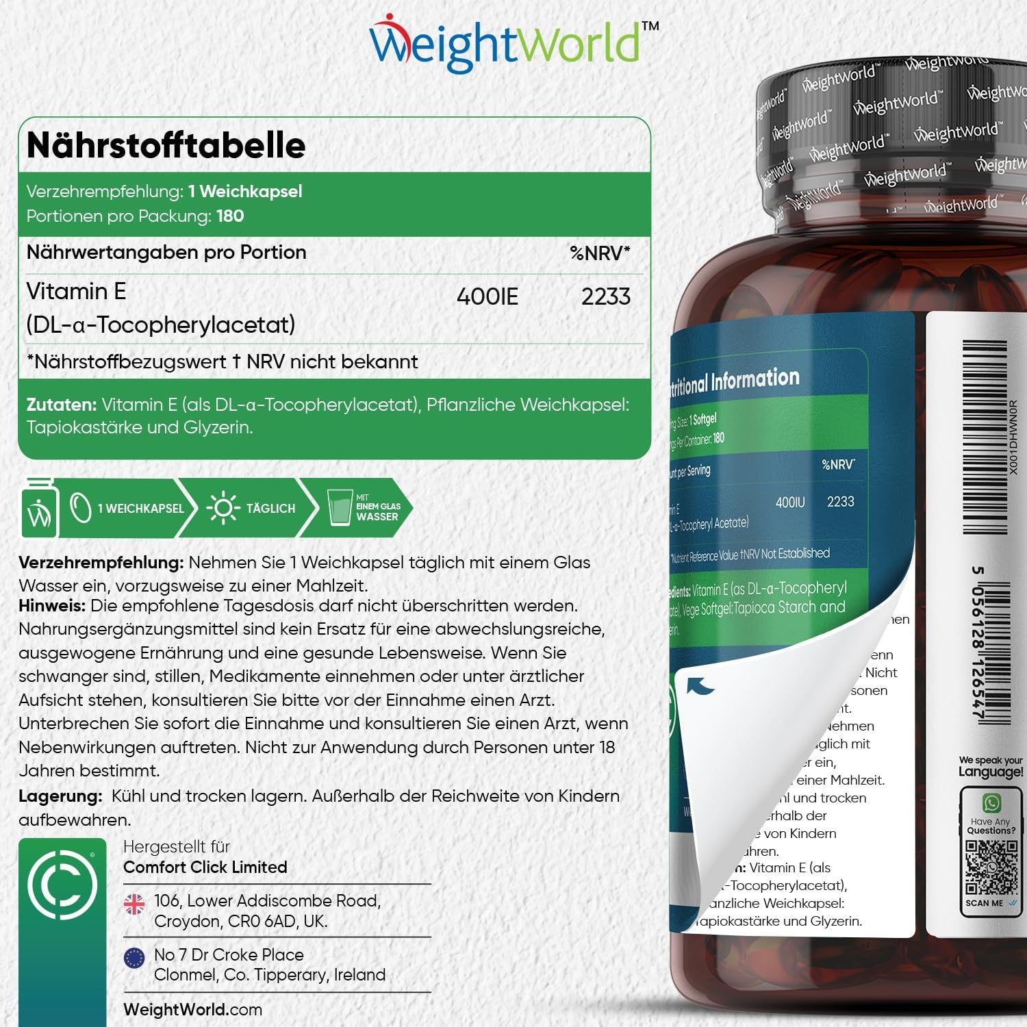 Tabella nutrizionale della vitamina E. Flacone di capsule di vitamina E. Testo: 1 capsula al giorno, 400UI, 180 capsule. Produttore Comfort Click Limited.