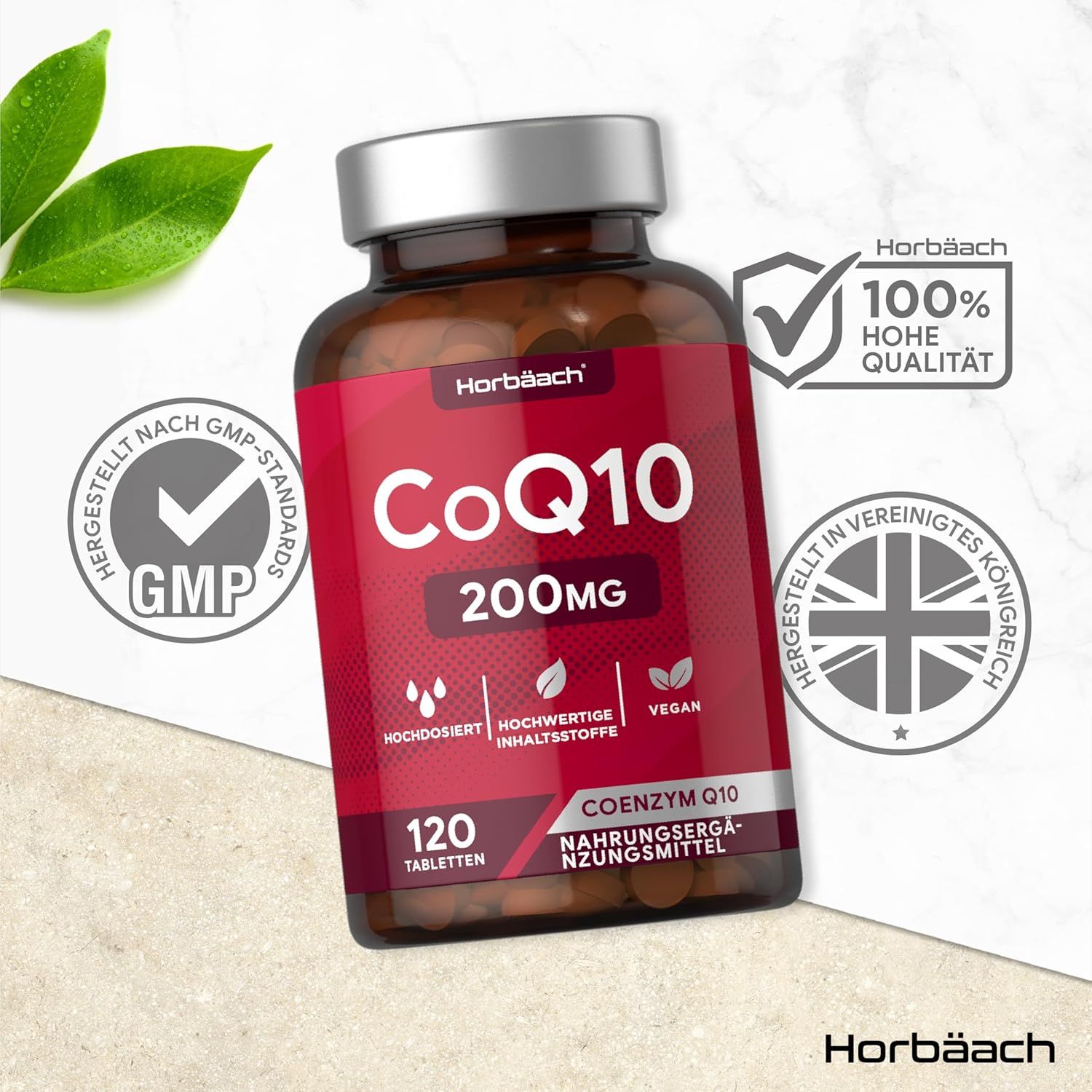 Bottiglia marrone con etichetta rossa. CoQ10 200mg, 120 compresse. Marchio: Horbaach. Certificato GMP, alta qualità, prodotto nel Regno Unito.