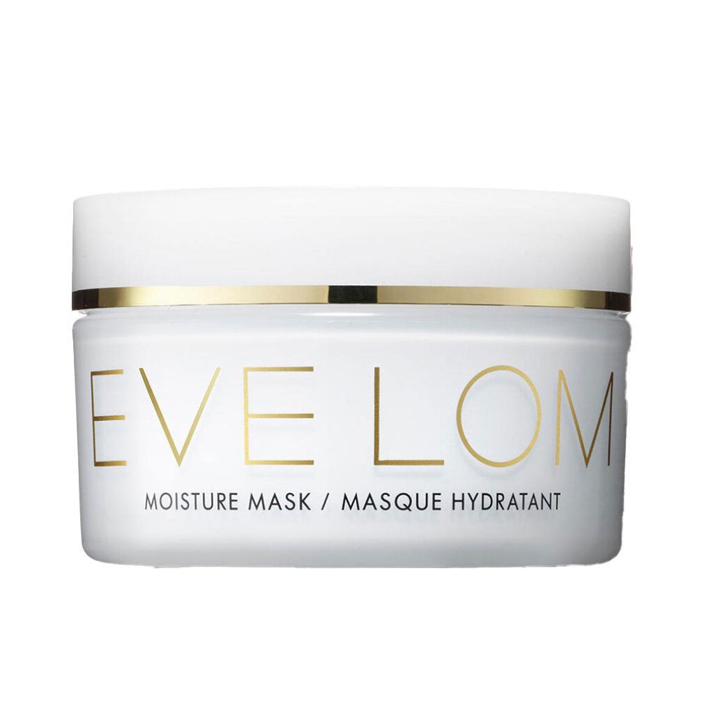 Vasetto bianco con bordo dorato e scritta EVE LOM. Scritta: MOISTURE MASK / MASQUE HYDRATANT.