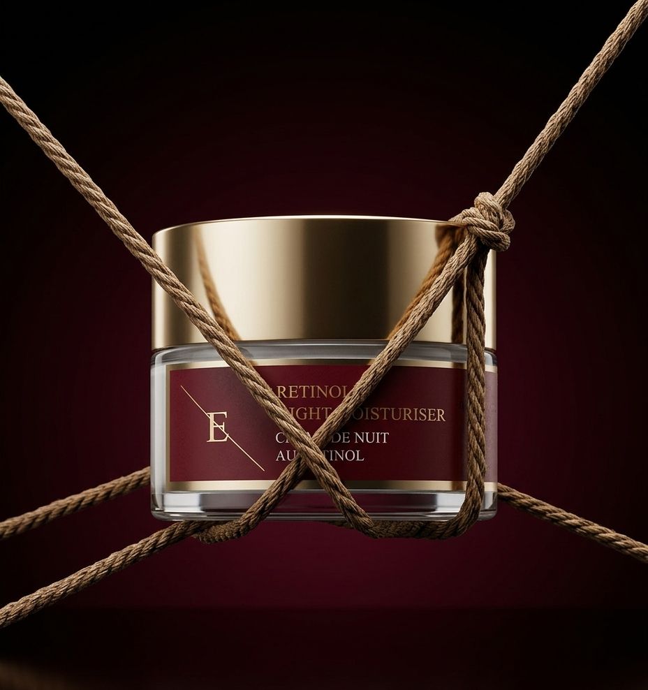 Crema notte idratante ErthSkin London Retinol, fissata con corde, con coperchio dorato ed etichetta rossa.