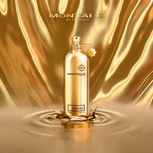 Flacone dorato con scritta 'Montale Paris Pure Gold Eau de Parfum'. Flacone in acqua dorata.