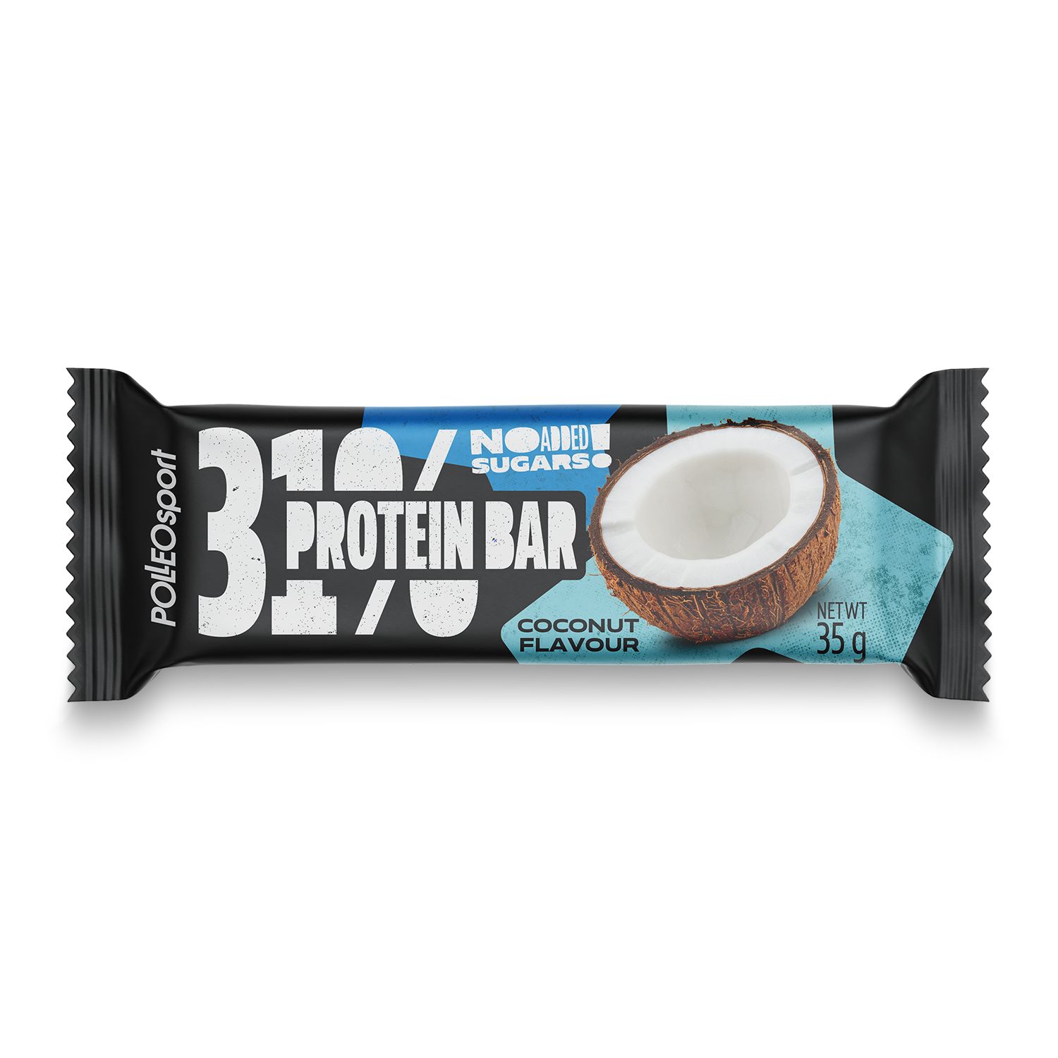 Confezione nera di barretta proteica con logo e scritta '31% Protein Bar'. Immagine di una noce di cocco. Peso netto: 35g.