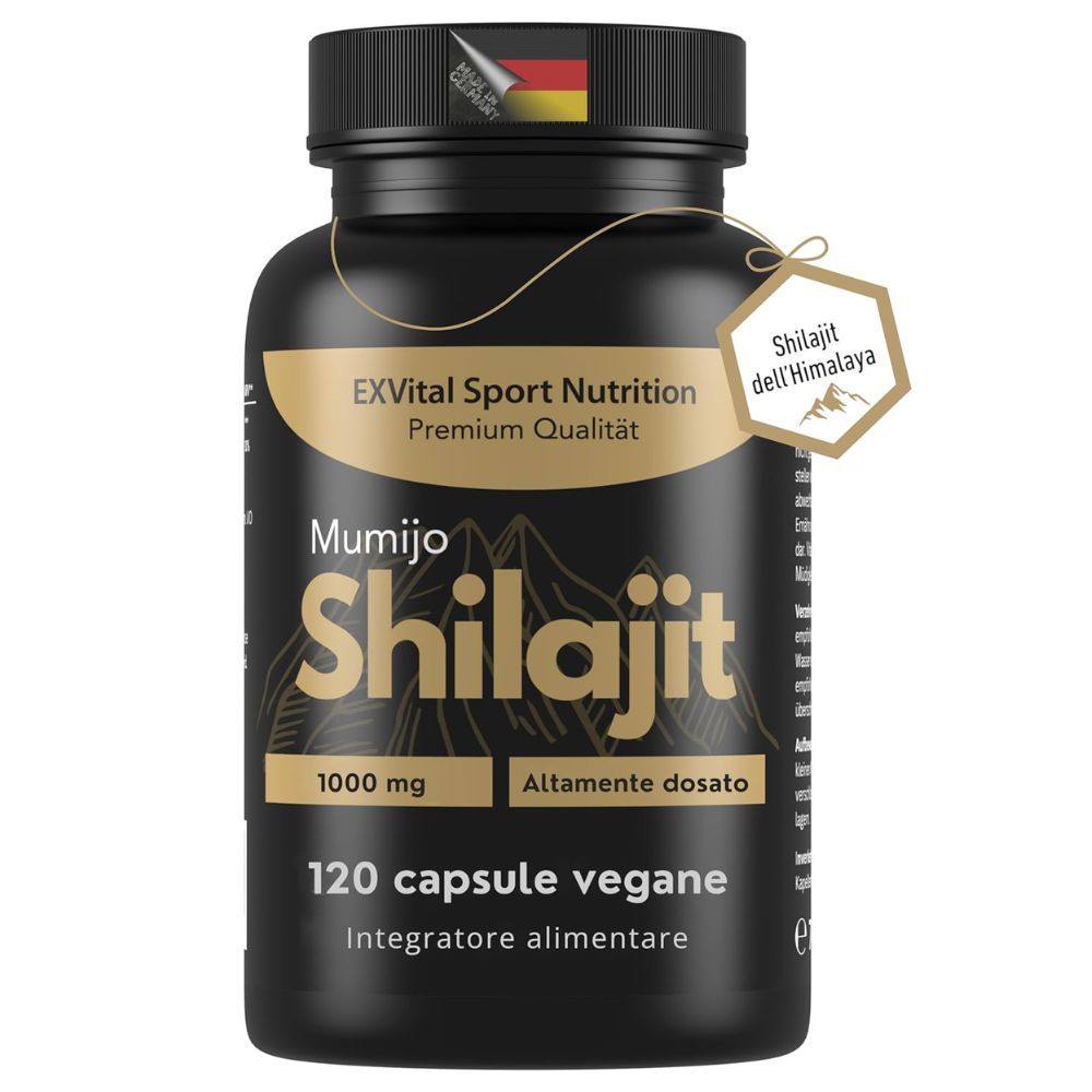 Flacone nero EXVital Shilajit. 1000mg, 120 capsule. Prodotto in Germania. Sigillo.