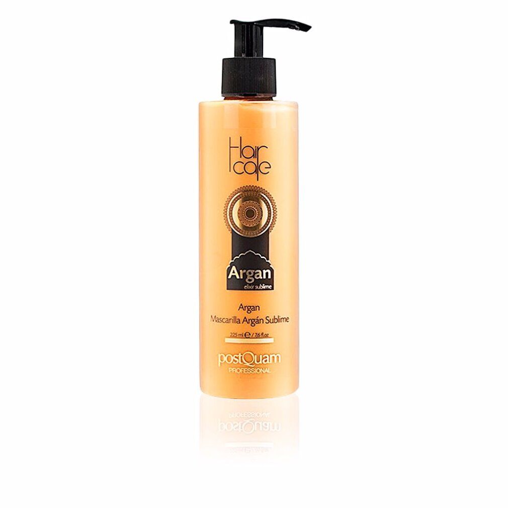 Flacone beige con dosatore nero. Scritte: Hair Care, Argan, Mascarilla Argan Sublime, Postquam.
