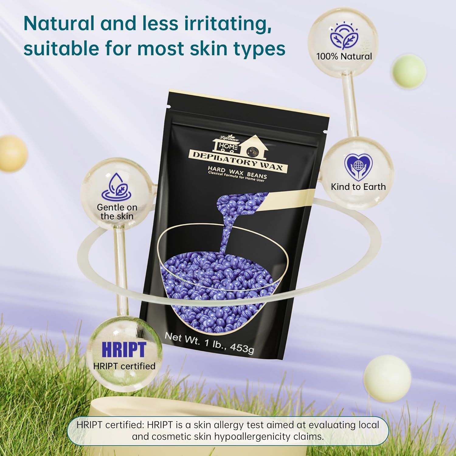 Confezione di perle di cera blu. Testo: Lifestance, certificato HRIPT, delicato sulla pelle, 100% naturale, adatto alla pelle.