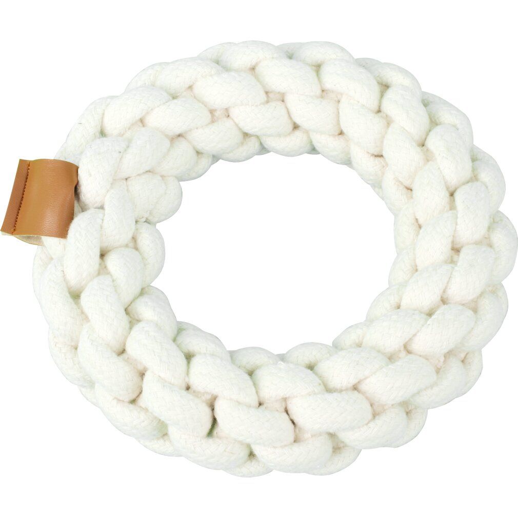 Giocattolo ad anello in cotone bianco intrecciato, dettaglio in pelle marrone.