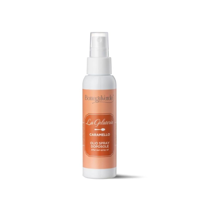 Bottega Verde La Gelateria Caramello Olio spray doposole in flacone bianco con erogatore.