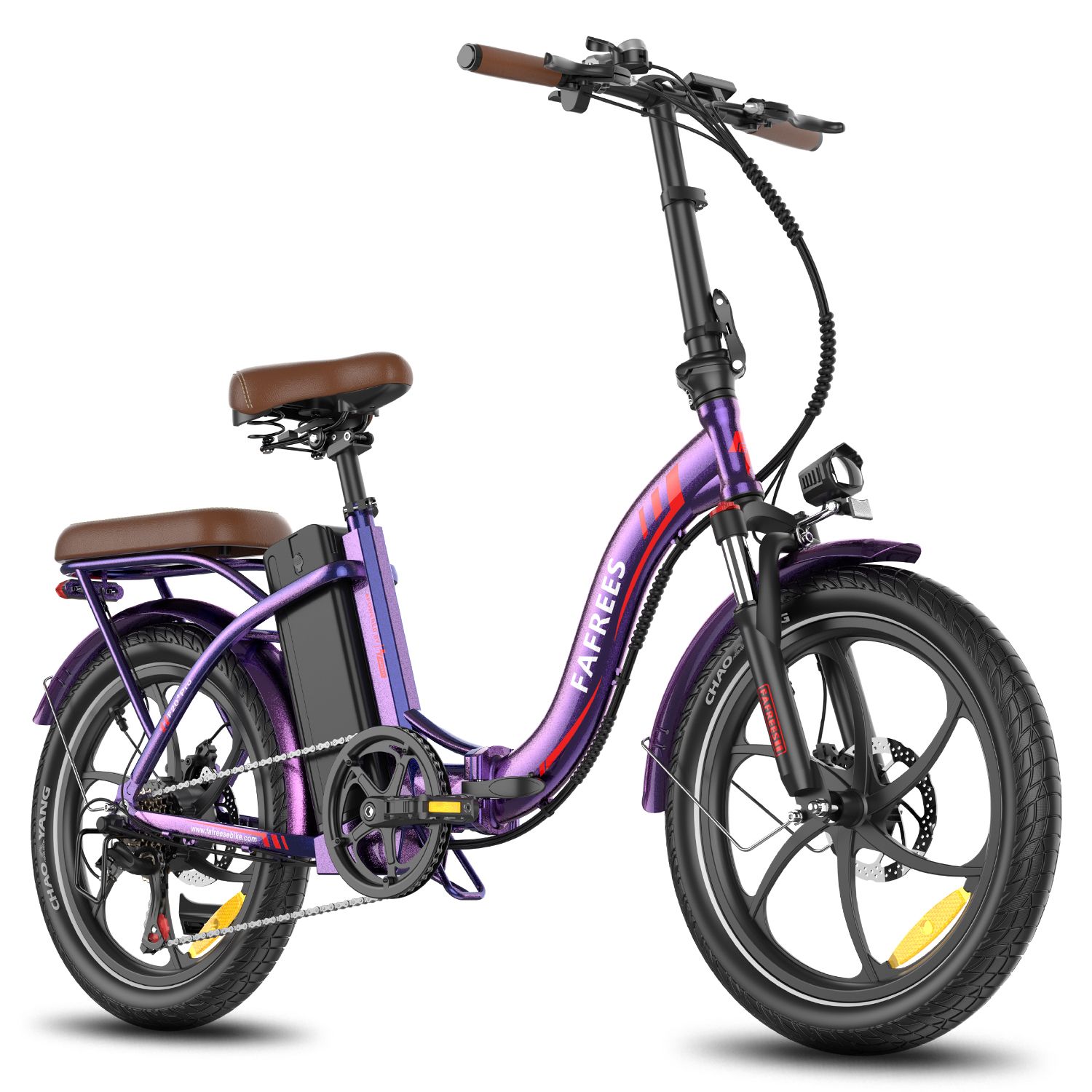 E-bike pieghevole viola, sella e portapacchi marroni. Pneumatici, cerchi e batteria neri. Marchio FAFREES.