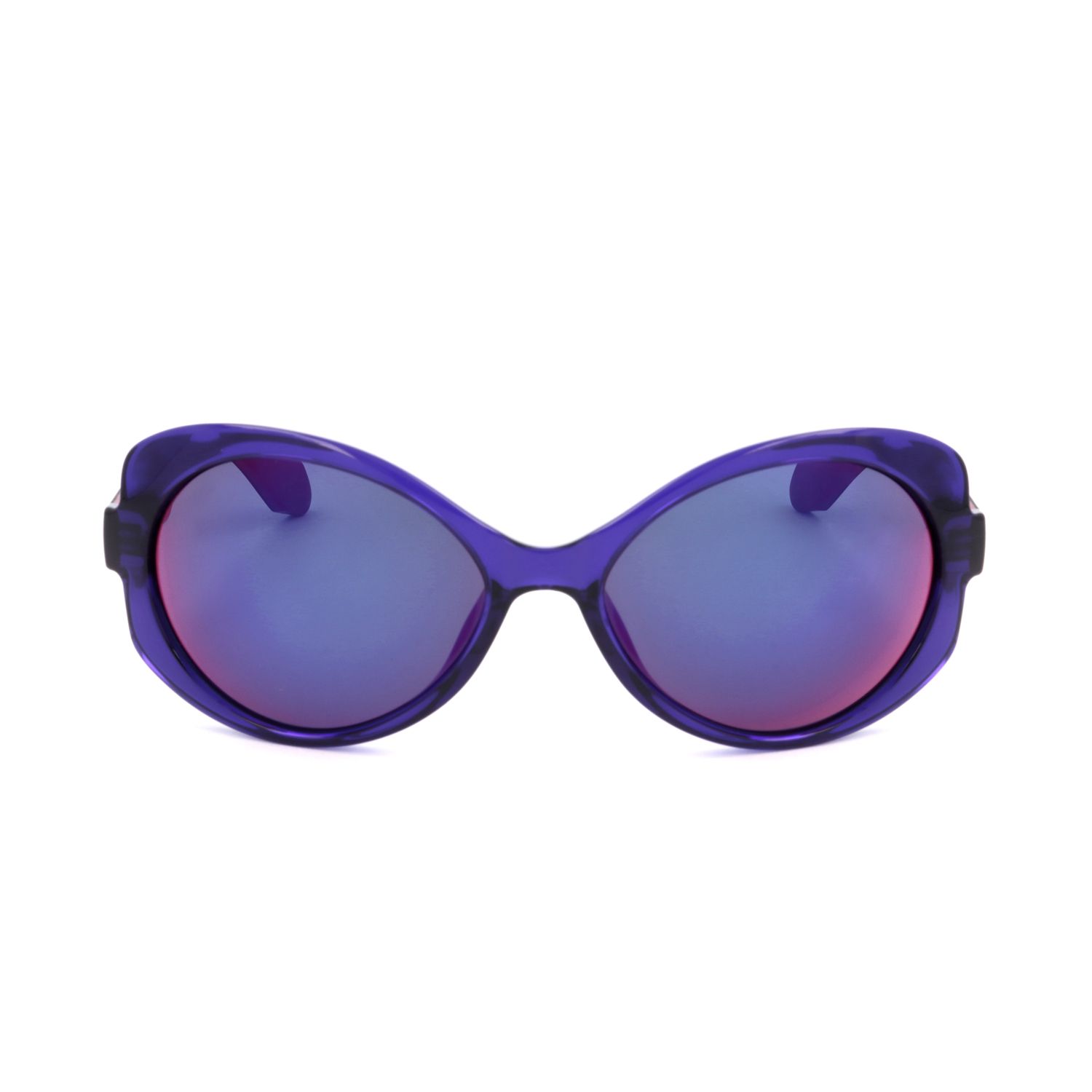Occhiali da sole viola con lenti ovali e montatura larga.