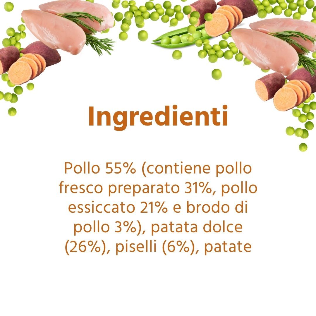 Elenco ingredienti con testo: Pollo 55%, patata dolce 26%, piselli 6%. Contiene pollo fresco, pollo essiccato e brodo di pollo.