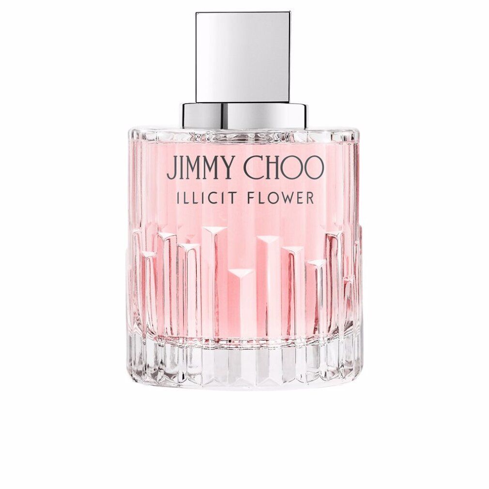Flacone Jimmy Choo Illicit Flower. Liquido rosa, tappo argento. Design in vetro scanalato.