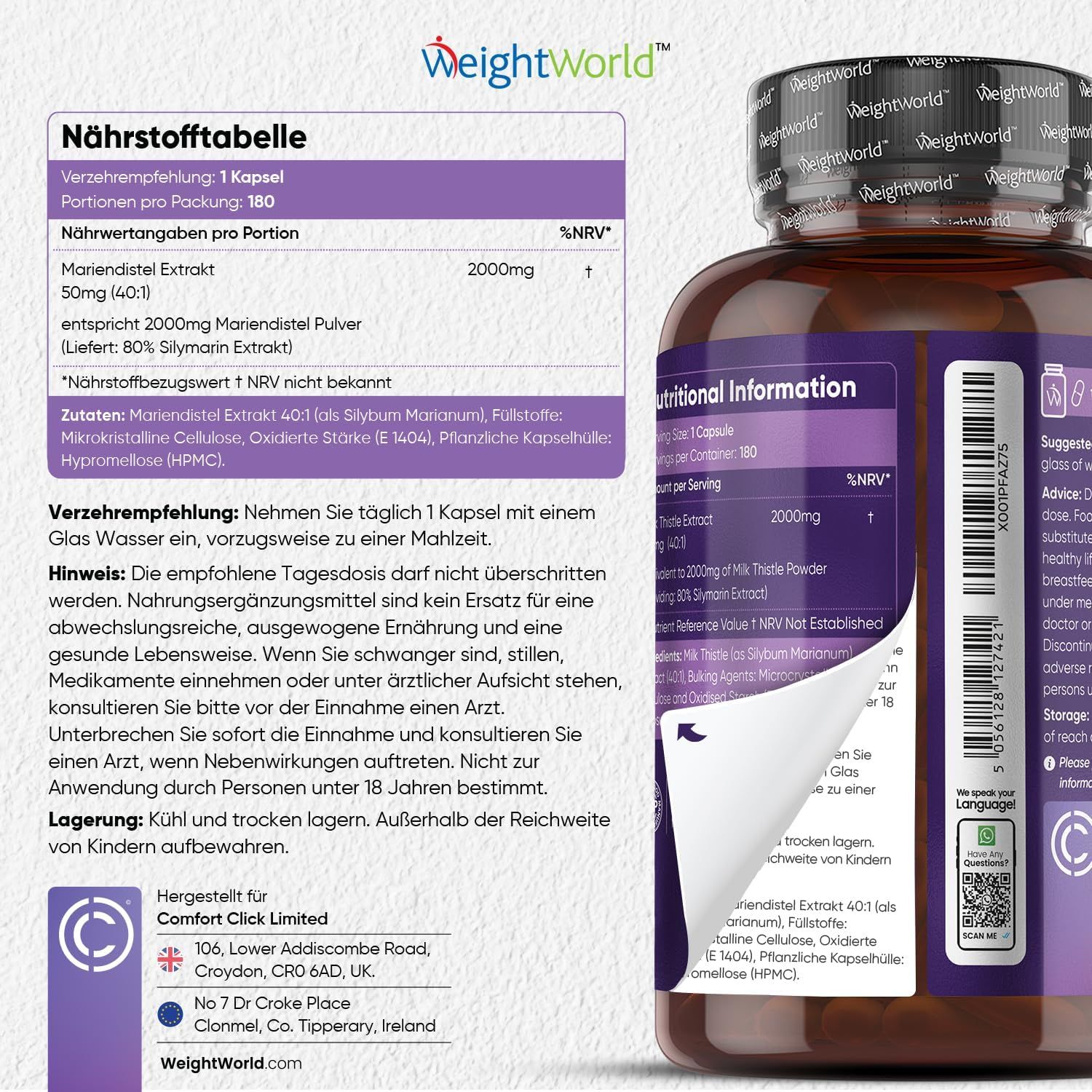 Tabella nutrizionale e flacone di capsule di cardo mariano. Contiene informazioni sugli ingredienti e il dosaggio. Produttore: Comfort Click Limited.