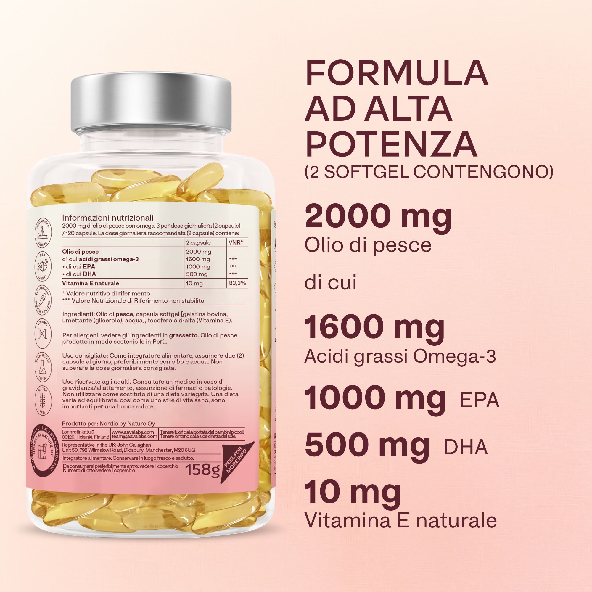 Flacone di Omega-3 su un piedistallo. Scritta: Aavalabs, Omega-3, 1000mg EPA, 500mg DHA, 120 softgels.