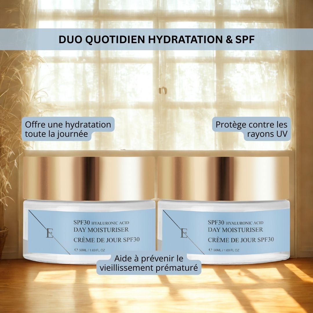Due barattoli di crema giorno ErthSkin London con acido ialuronico SPF 30, etichettati 'Offre une hydratation toute la journée', 'Protège contre les rayons UV', 'Aide à prévenir le vieillissement prématuré'.