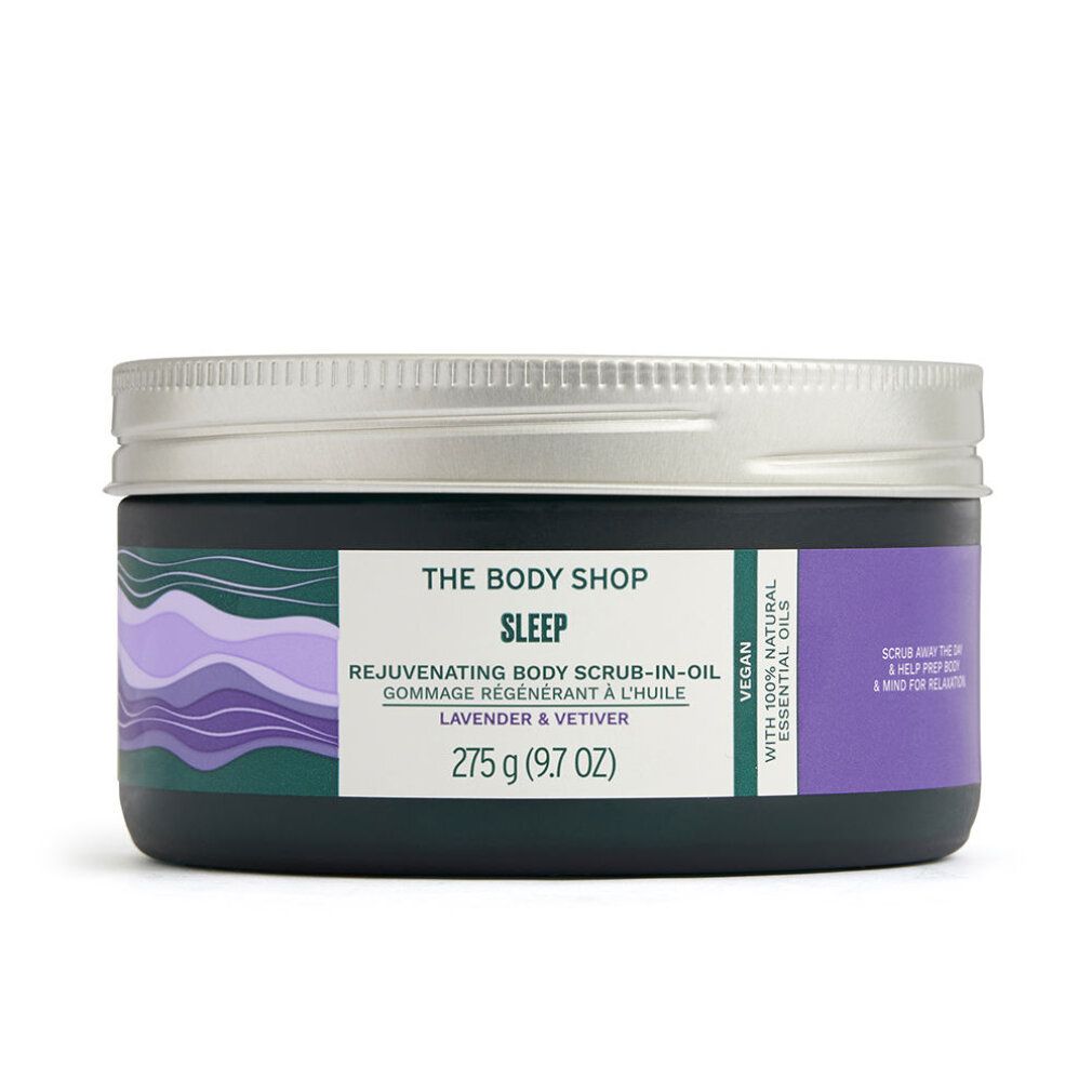 Vaso verde scuro con coperchio argentato. Scritta: Sleep, Rejuvenating Body Scrub-in-Oil, Lavanda & Vetiver. 275 g.