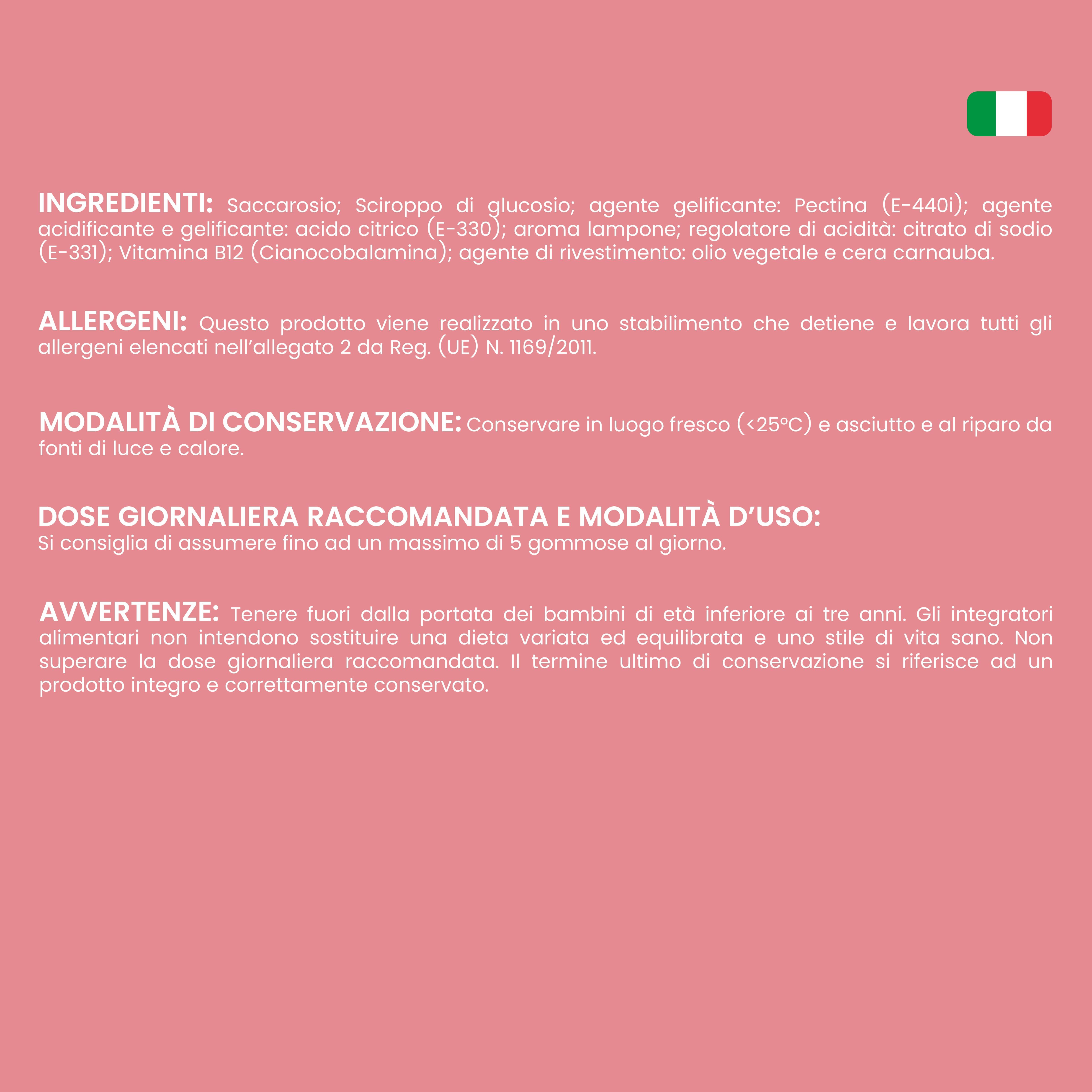 Testo su sfondo rosa. Ingredienti, allergeni, istruzioni per la conservazione, dose giornaliera raccomandata e istruzioni per l'uso.