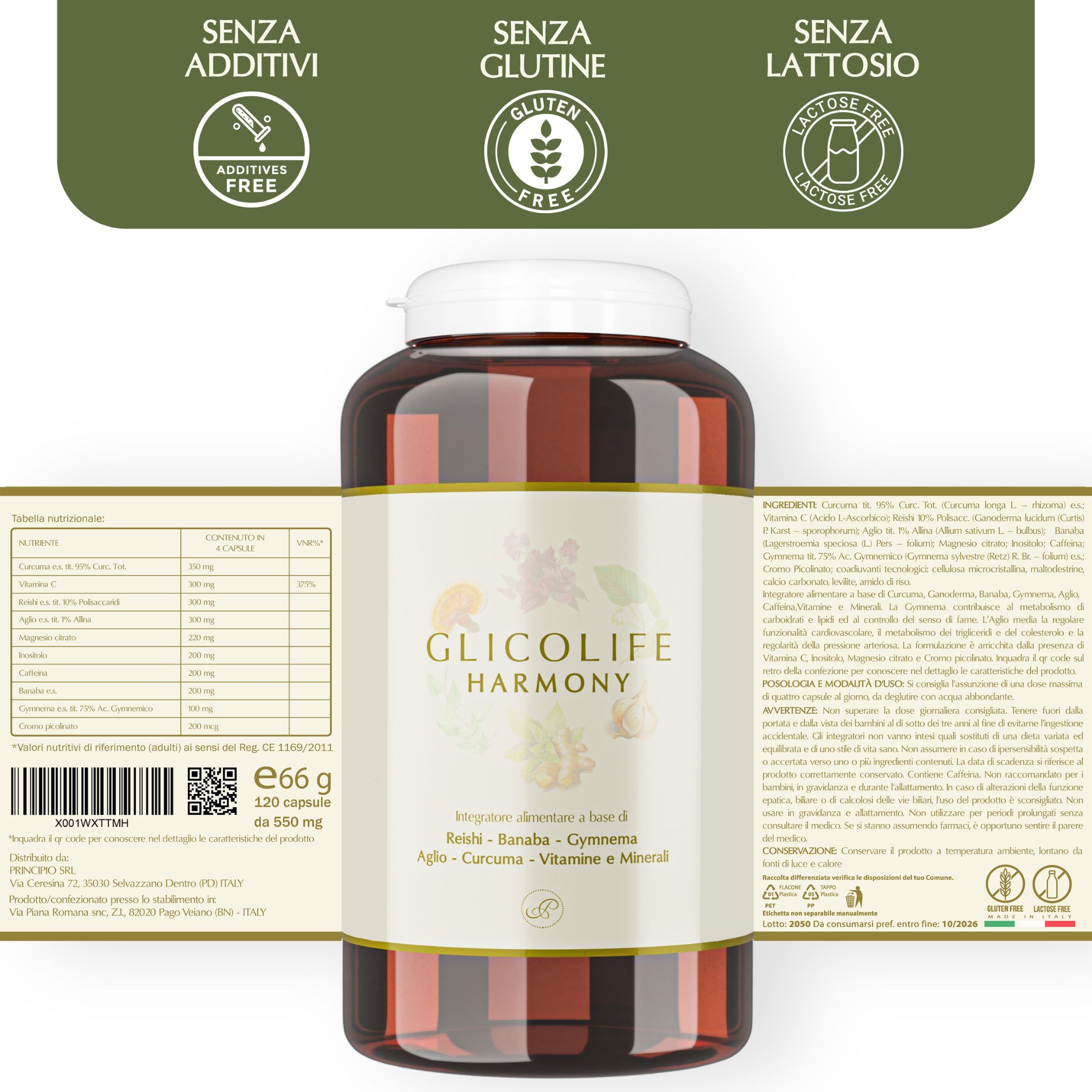 Flacone del prodotto con etichetta. Loghi: Senza additivi, Senza glutine, Senza lattosio. Informazioni nutrizionali.