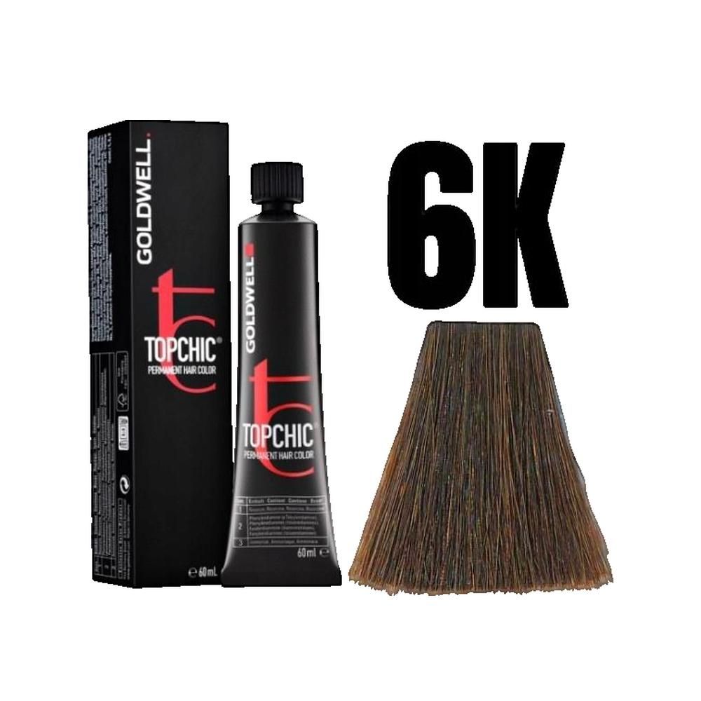 Goldwell Topchic, 6K. Tubo e scatola neri. Campione colore. Nome del prodotto e dettagli.