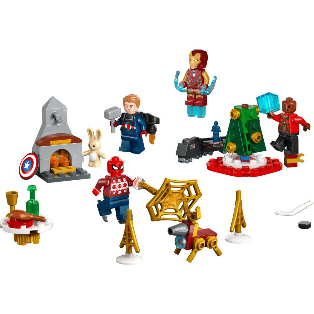 Calendario dell'Avvento LEGO Marvel con personaggi e scene. Include Iron Man, Spider-Man e Captain America. Elementi separati.