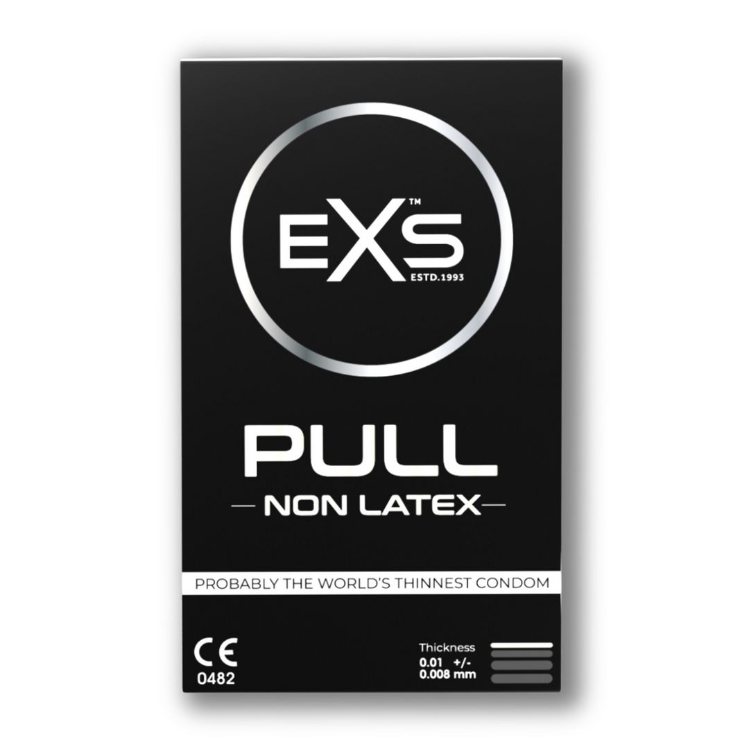 Confezione nera con logo e scritta. "PULL - NON LATEX" e marchio CE. Testo: "Probably the world's thinnest condom".