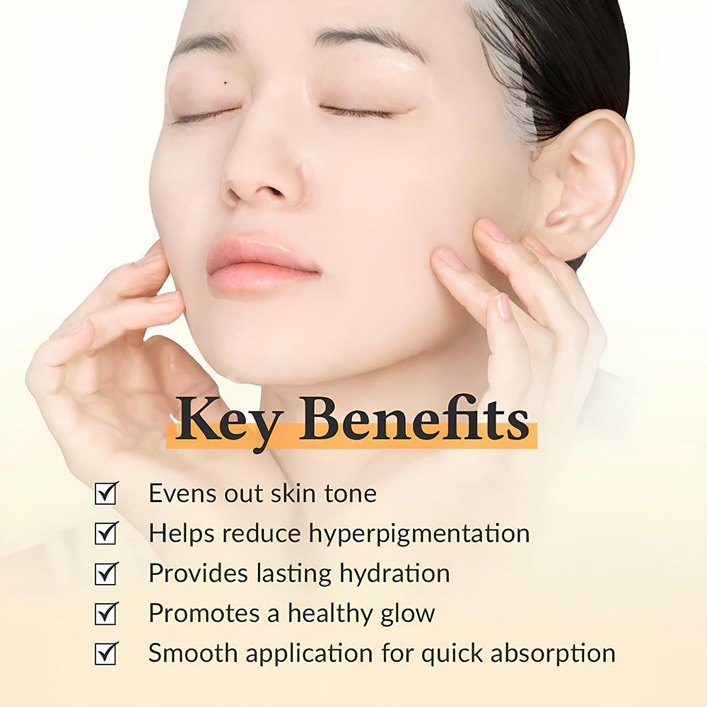 Viso di donna con occhi chiusi. Testo: Key Benefits, tra cui tono della pelle uniforme e aspetto sano.