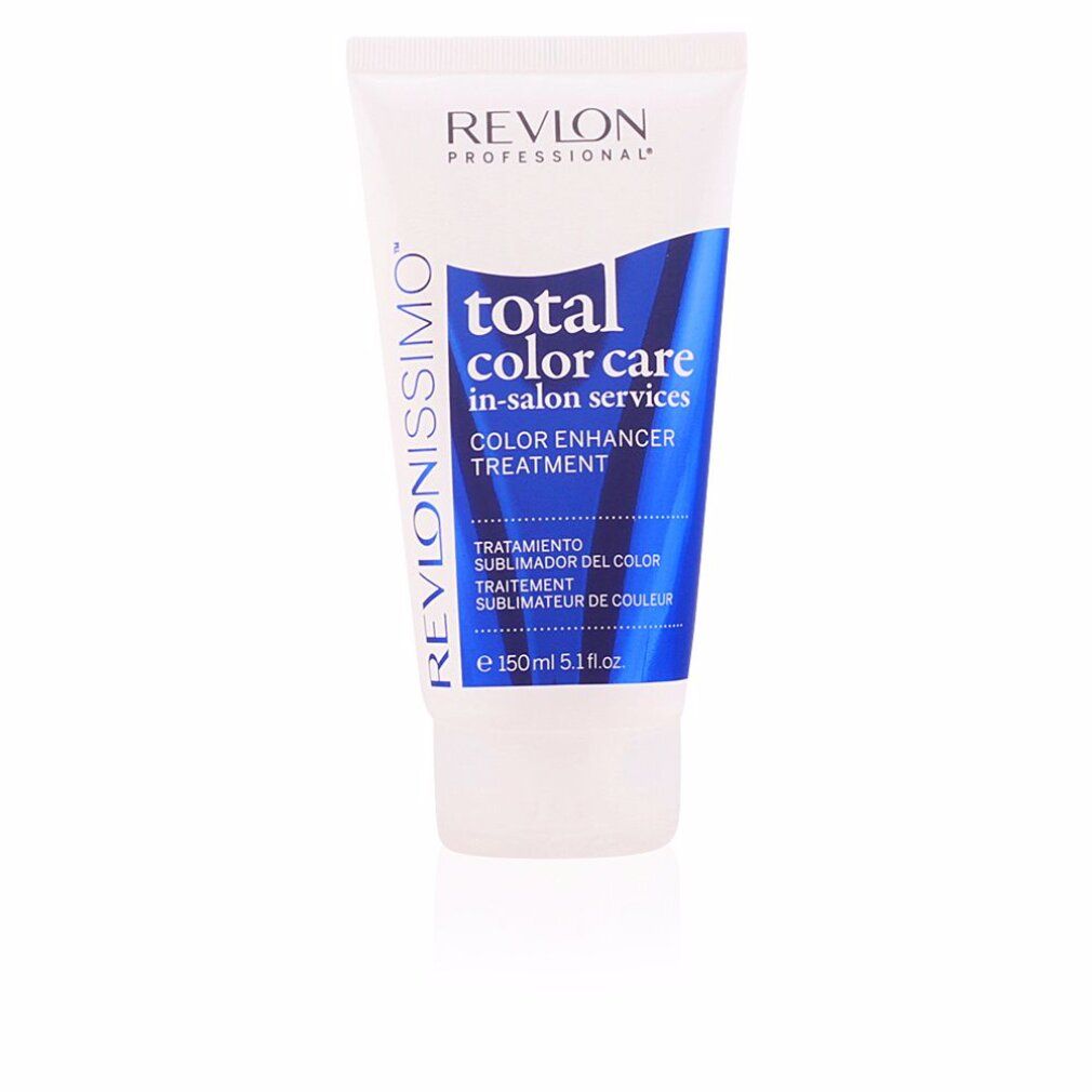 Tubo bianco con testo blu. Scritto: Revlonissimo Total Color Care Color Enhancer Treatment. Volume: 150 ml.