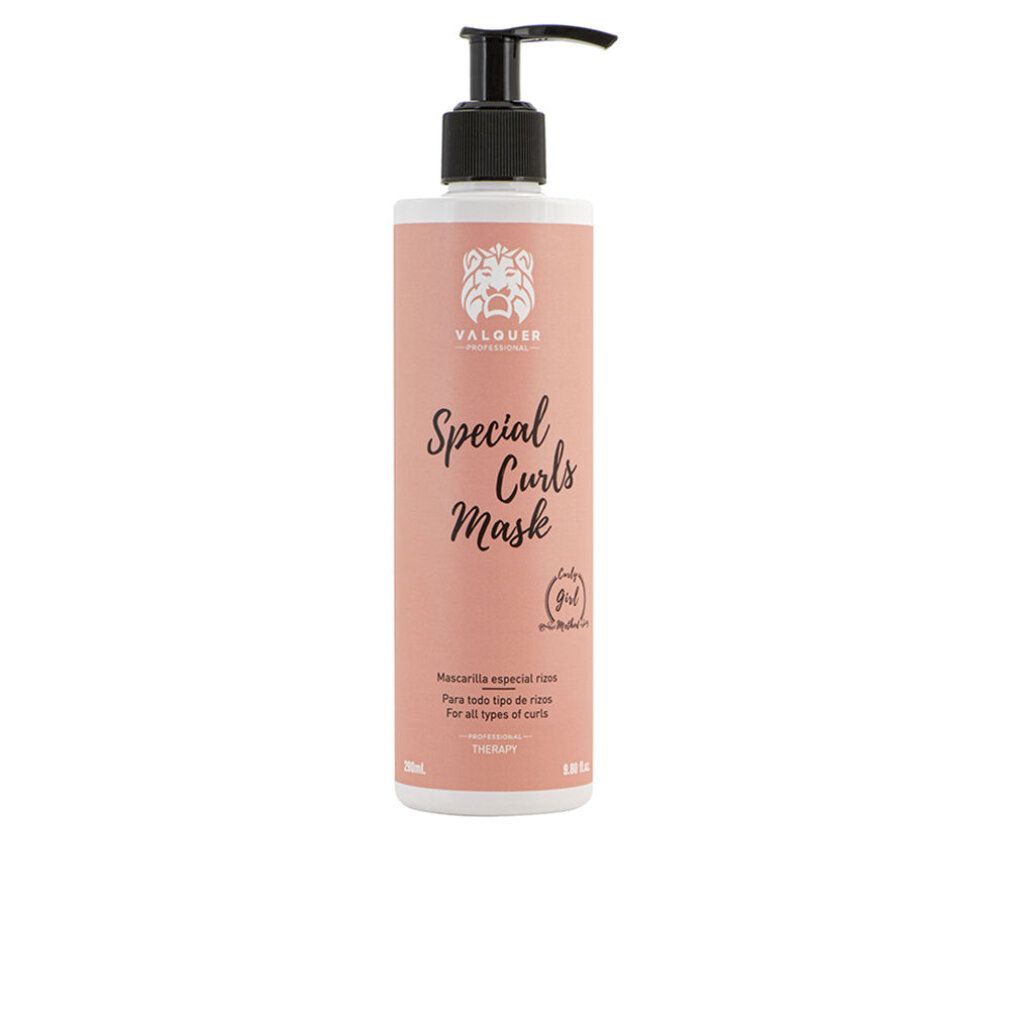 Flacone rosa con dosatore nero. Scritta: Special Curls Mask. Marchio: Valquer. Per tutti i tipi di ricci.