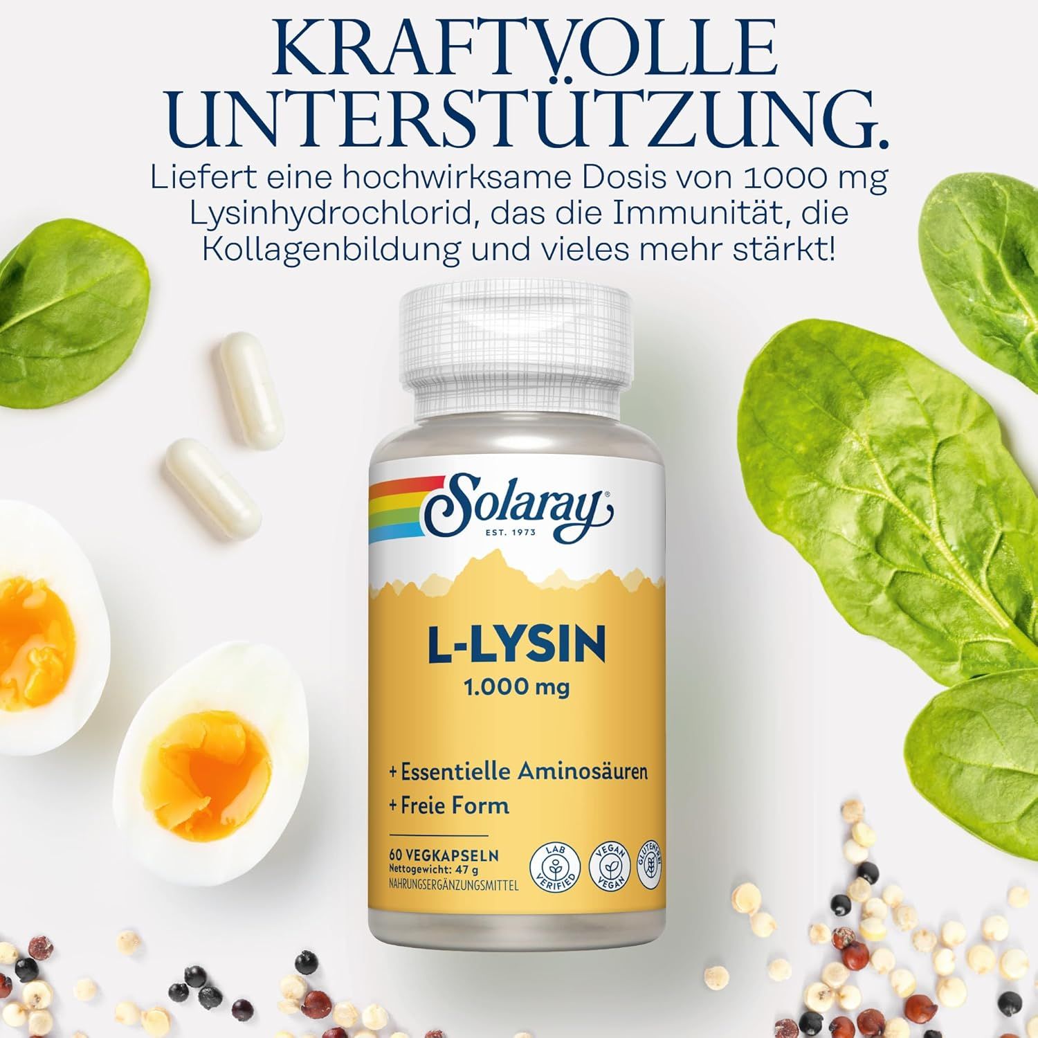 Capsule Solaray L-Lisina: Flacone da 60 capsule vegane, 1000 mg di L-Lisina per capsula. Testato in laboratorio, vegano, senza glutine.