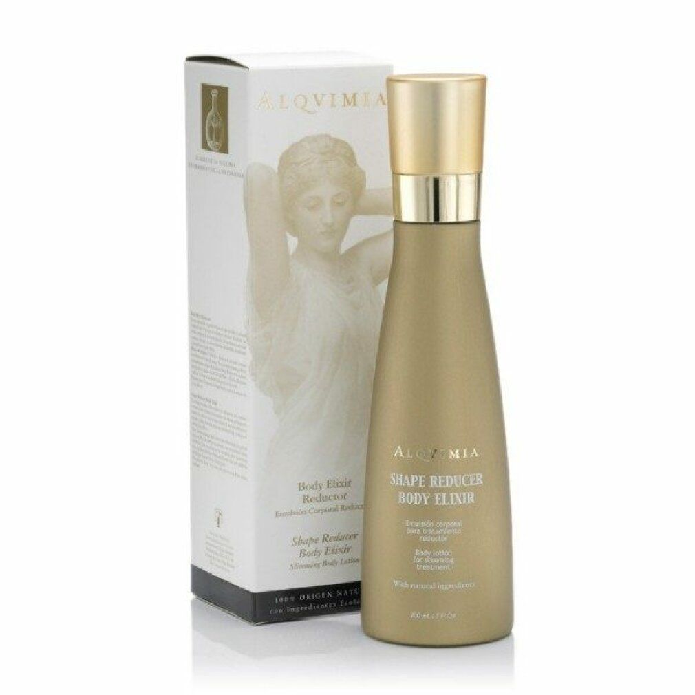 Flacone dorato con tappo argentato e scatola. Scritta: Alqvimia, Shape Reducer Body Elixir, 200 ml.