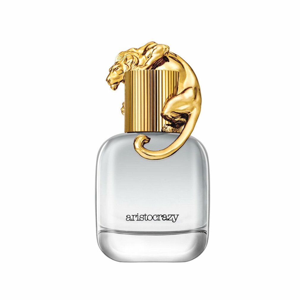 Flacone in vetro trasparente con tappo dorato e decoro pantera. Scritta "aristocrazy".