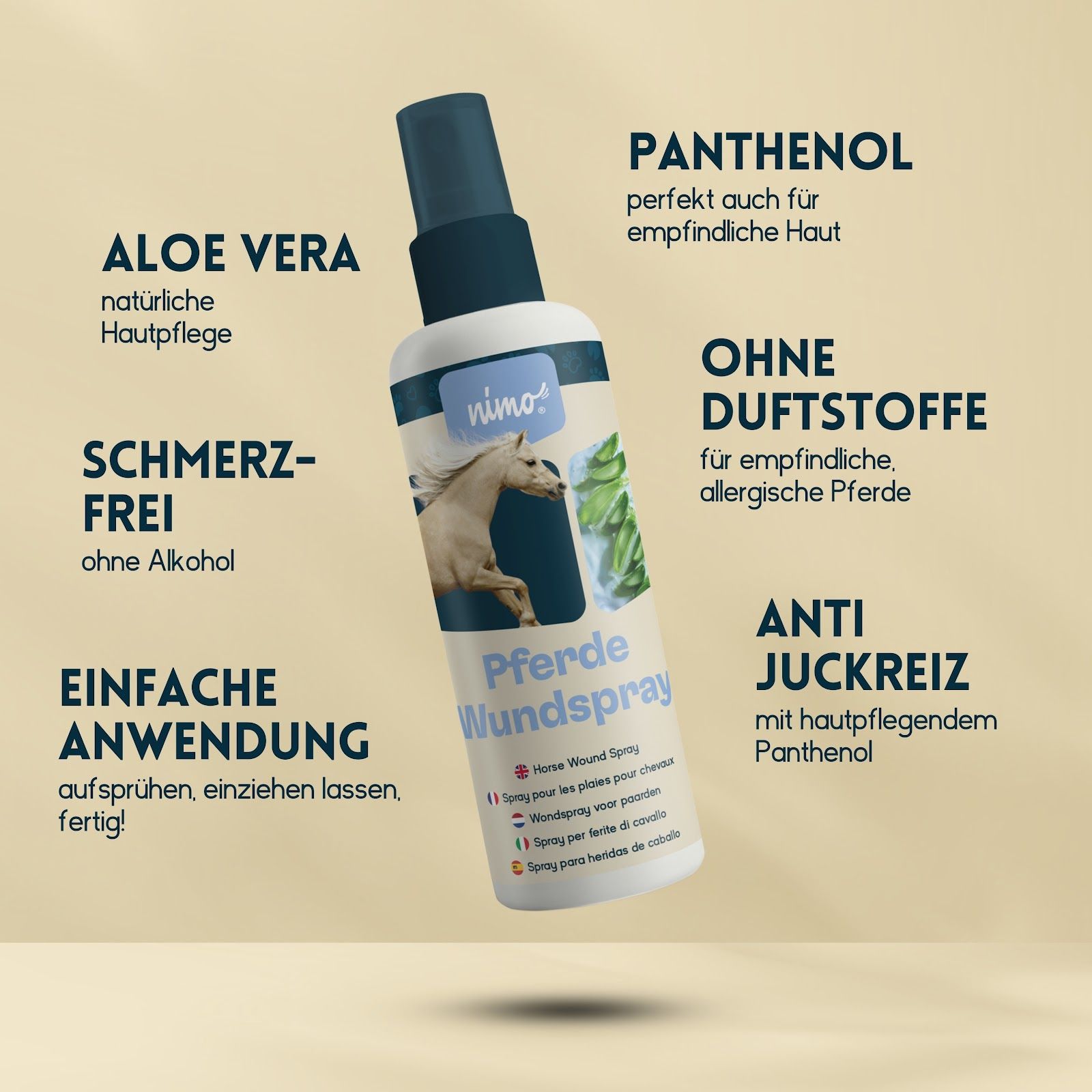 Flacone di Nimo Pferde Wundspray. Testo: Aloe Vera, senza dolore, facile da usare, Pantenolo, senza profumo, anti-prurito.