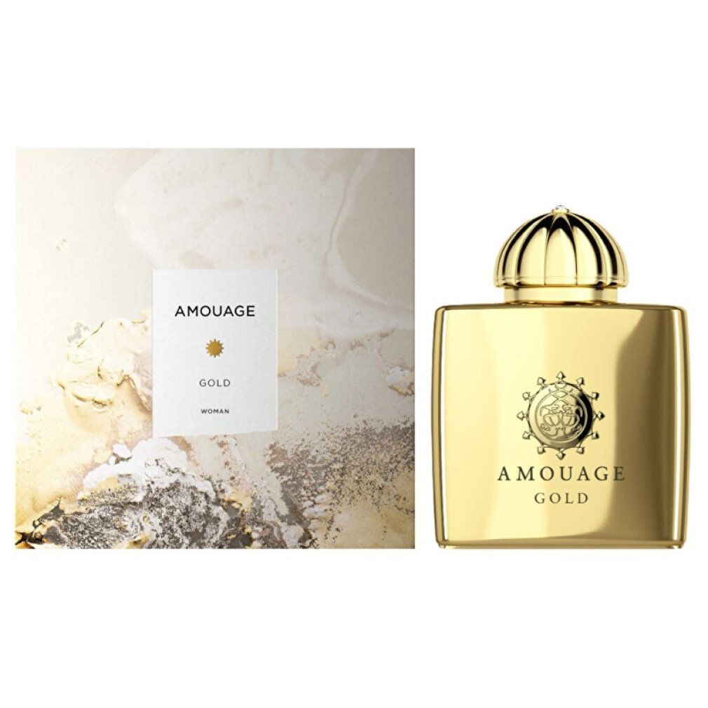Flacone e confezione dorati. Scritta AMOUAGE GOLD. Emblema del logo sulla confezione.