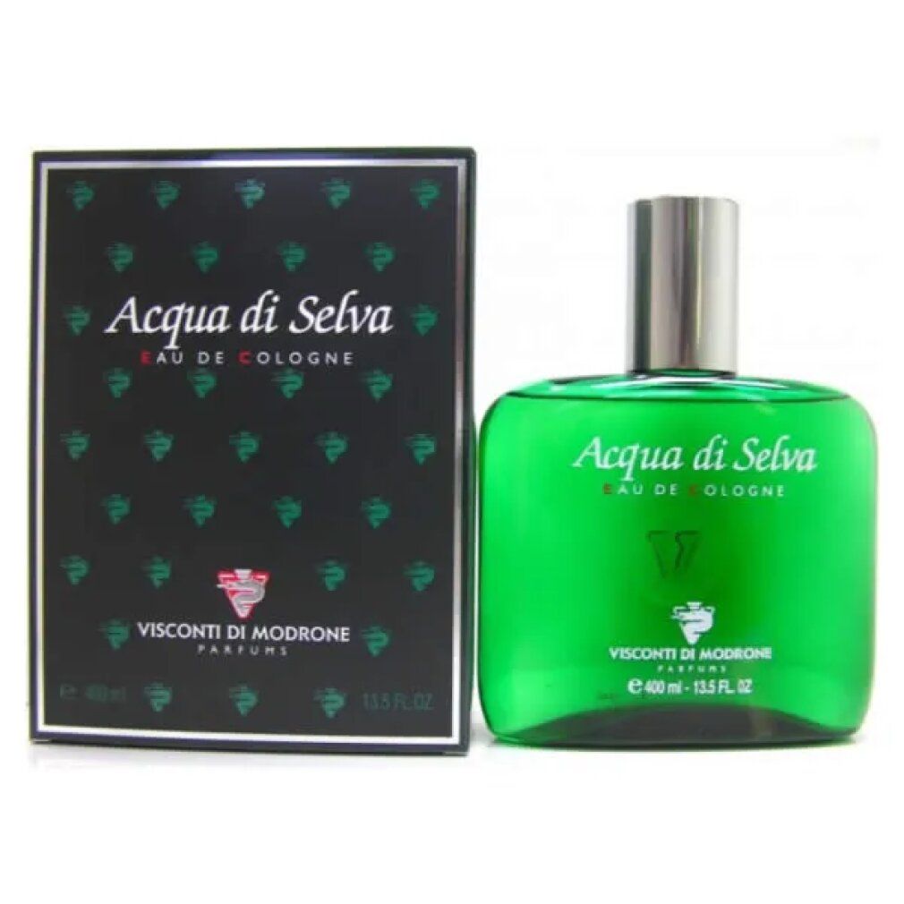Flacone e scatola di vetro verde. Scritta: Acqua di Selva Eau de Cologne. Marchio: Visconti di Modrone. Flacone: 400 ml.