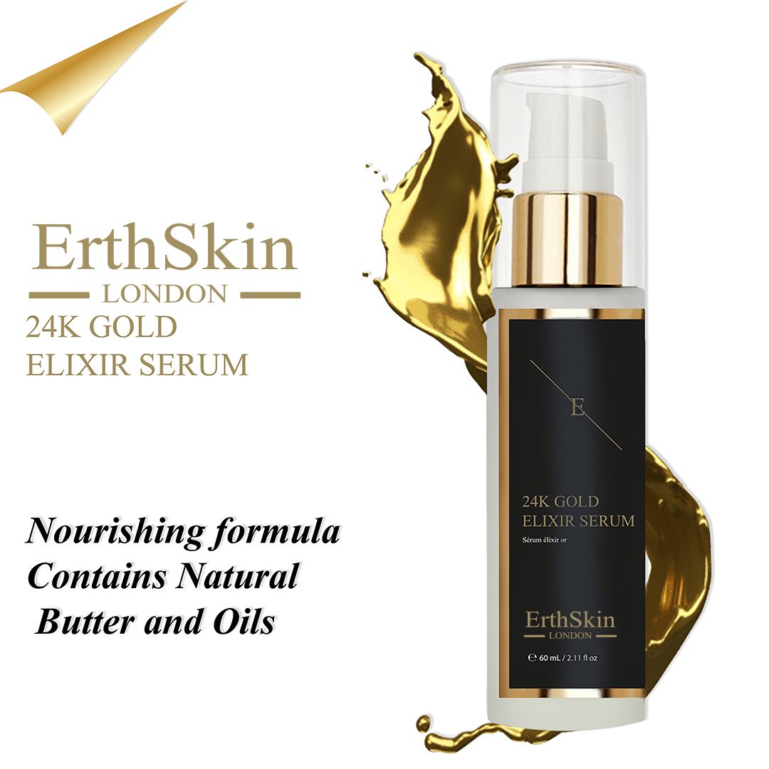 Flacone di siero con etichetta nera e dettagli dorati. Schizzo d'oro sullo sfondo. Testo: 24K Gold Elixir Serum.